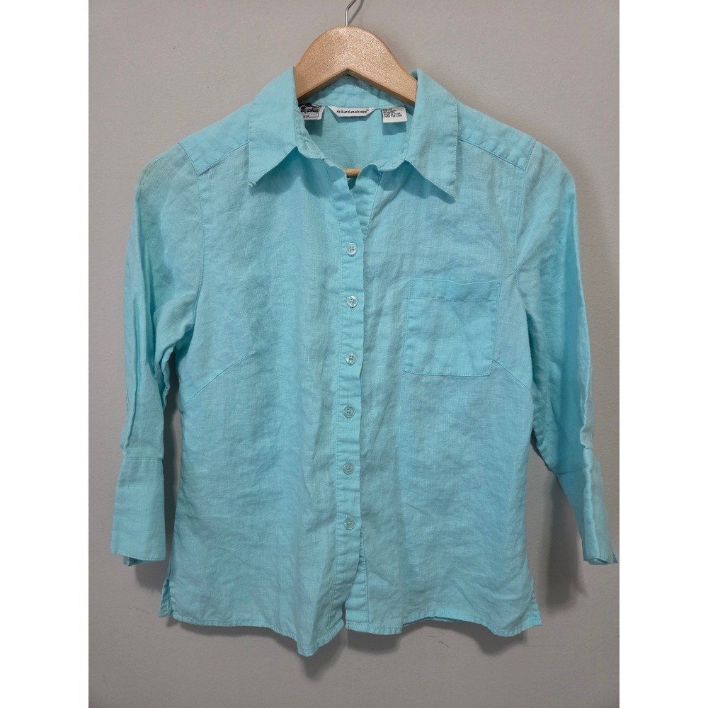 Richard Malcolm Irish Linen Button Down Shirt Turquoise Blue Size M 3/4 Sleeve